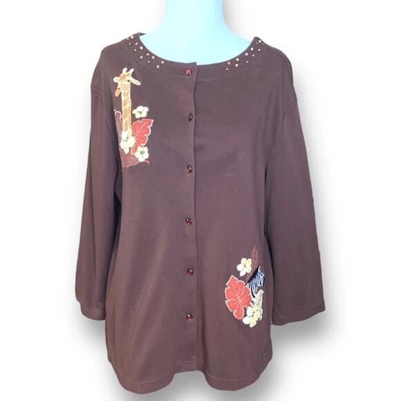Vintage Breckenridge Cardigan Top Brown Fall Leaves Dark Floral Animal Print - Picture 12 of 12
